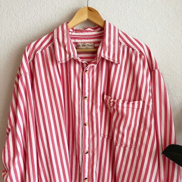 Free People Freddie Striped Button Down Shirt XL Preppy Coastal Oversized - Picture 2 of 8